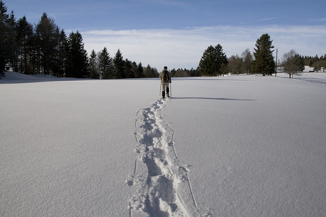 lumikenkäilijän jäljet hangessa ja kauempana lumikenkäilijä