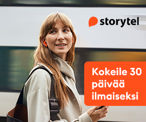 storytel mainosbanneri, jossa nainen repun kanssa