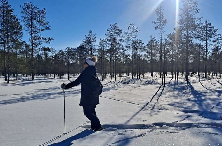 talvinen maisema jossa lumikenkäilijä