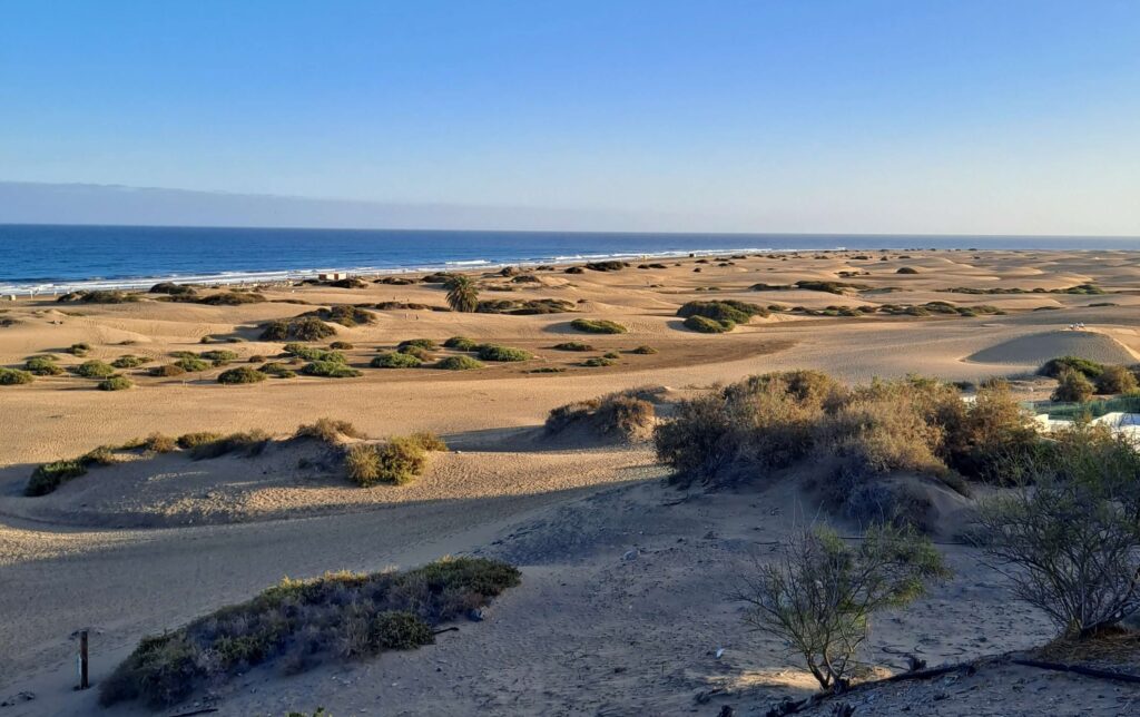 Maspalomasin hiekkadyynit ja näkymä merelle, sekä sininen taivas